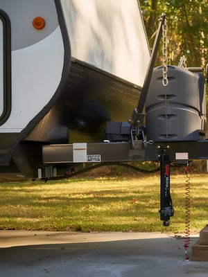 a man hitching a travel trailer to his pickup truck as he goes through his rv setup checklist